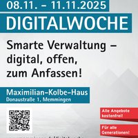 Plakat/ Flyer 1. Seite: 8.-11.11. Digitalwoche. Smarte Verwaltung - digital, offen, zum Anfassen! Maximilian-Kolbe-Haus, Donaustraße 1, Memmingen; www.memmingen.de/digitalwoche; Alle Angebote kostenfrei! Für alle Generationen! Logos von vhs, mm.digital und Seniorenfachstelle der Stadt Memmingen